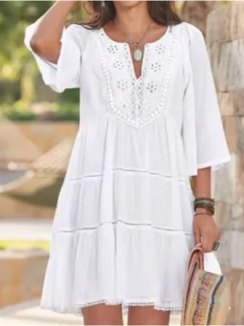 Sundance Dress Sahara Beaded Cotton White Tunic peasant notched neck line